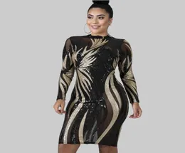 Casual Dresses 5xl Plus Size Sequined Party Dress Women Summer Long Sleeve Midi Mesh Se genom Night Clubwear Sexy2259108