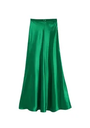 Skirts Nlzgmsj Zbza Women 2022 Green Satin Skirt Green High Waist Waled Summer Long Elegant Ladies Office MIDI 2022024311542