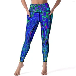 Kvinnors leggings retro flytande swirl yoga byxor sexig blå abstrakt tryck grafik hög midja löpande leggins roliga stretch sportstyster