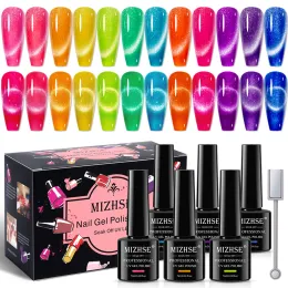 Kits Mizhse 12st/Set Neon Glitter Cat Magnetic Gel Nail Polish Soak Off UV Chameleon Cat Eye Gel Colorful Hybrid Nails Art With Box