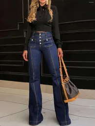 Kvinnors jeans europeiska och amerikansk stil hög midja knäppta smala fit klockbottoms casual temperamentkläder