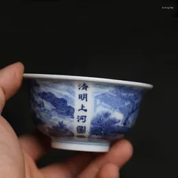 Tassen Untertassen Blau und weißer Keramik Teetasse entlang des Flusses während des Qingming Festival -Diagramms Hochtemperaturglasur Farbe Master Cup