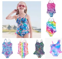 15 Styles Kids Mermaid Leopard Floral Onepieces Swimewear Girls Baddräkter Bodysuit Kid Bikini Ruffle Beach Sport Bathing Suits3351563