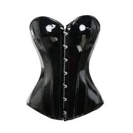 검은 PVC Bustier 반짝이는 PU 가죽 스팀 펑크 코르셋 바디 셰이퍼 여자 섹시 바스크 240407