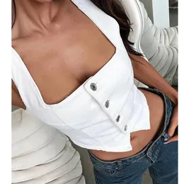 Frauen Tanks Frauen Mode Y2K Denim Weste ärmellose Boot Halsknopf Down Ernte Jean Top Slim Rückenless Smocking Ästhetik