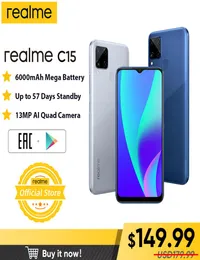 Realme C15 الإصدار العالمي للهاتف الذكي 4GB RAM 64GB ROM 6000MAH بطارية كبيرة شحن سريع الهاتف المحمول 65 بوصة Android Telephone3238344