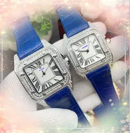 High Quality Mens Women Couples Styles Watch Red Blue White Black Leather Belt Iced Rose Gold Silver Case Quartz Movement Diamonds Ring Bracelet Clock Watches Gifts