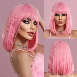 NAMM Short Straight Pink Wig for Woman Daily Party Cosplay Lolita Wig Natural Synthetic Bob Wig with Bangs Heat Resistant Fiber 240402