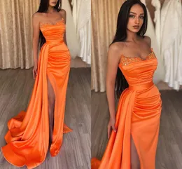 Sexy orange geteilte abend kleider arabische munger mungchen schätzen beads pailletten satin long prom party klei