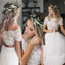 Vestiti sexy due pezzi country boho un abito da sposa in linea fuori spalla appliques in pizzo chiffon maniche corte lungo pavimento spiaggia bohemian br