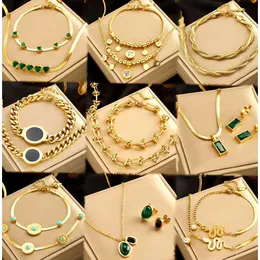 Zestaw biżuterii Kobiety ze stali nierdzewnej złoto warstwowy łańcuch kubański szmaragd cyrkon wisiorek Naszyjnik i zestaw bransoletki