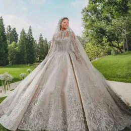 Luxus Brautkleider Dubai Arabisch Stil Brautkleider 2022 Wunderschöne funkelnde Hals Illusion Top Ballkleid Hochzeitskleid Robe