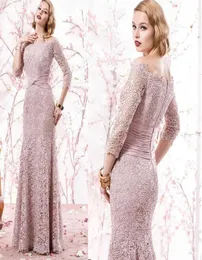 2019 Nya Pink Elegant Full Lace Mermaid Mother of the Bridal Dresses Off Shoulders 34 ärmar Ruched Ribbon Long Prom Evening Gow5145639