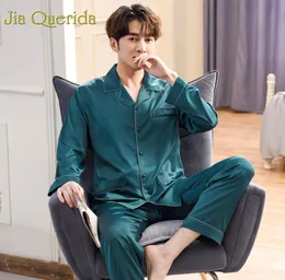 JQ Mens Pijama Conjunto de Moda 2019 Cetins Sleepwear Male Masculino Mangas de Mangas Longo Pijama Verde 2pcs Seda Men039s Cetin Paja1774144