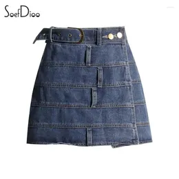 Spódnice Soefdioo Patchwork Patch Patch A-Line Spódnica Kobiety Wysokie Wasit Bodycon Denim Midi Skrits 2024 HARAJUKU STREET OWOAR