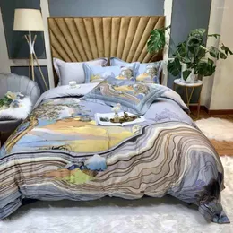 Sängkläder sätter lyxig kinesisk stil tryckt iandscape trädmönster häst djur lakan täcke set familj iarge 4-stycken
