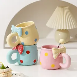 Muggar Bowtie Pink Coffee Cup Korean High Beauty Girl Heart Ceramic Mug With Spoon School Home Breakfast Drinkware