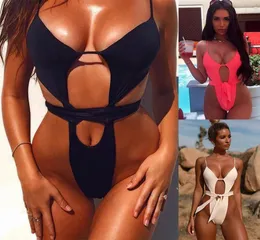 New Sexy Backless Hollow Out Bandage Straps One Piece Thong Swimwear Swimsuit for Women SXL Black White Red5631435