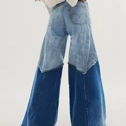 Женские джинсы высокий вазит плюс размер повседневный джинсовый лоскутный цвет раскрасной карман карманные джинсы для ног весна женские брюки Пант 240320