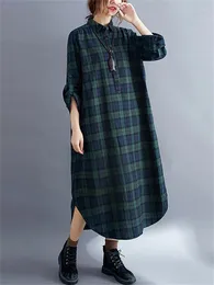 Casual Dresses 2024 Spring Autumn Cotton Green Plaid Vintage For Women Long Fashion Elegant Shirt Dress Office Lady Work Clothes