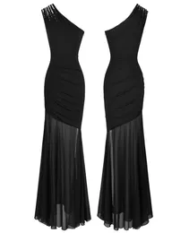 Angelfashions Women039S One Shoulder Peading Crystal Ruched Illusion Split Formal Long Mermaid Black Party Dress 4263852897
