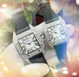 Full Diamonds Pierścień Kwarc Ruch Watch 40 mm 34 mm Women Men Square Roman Tank Clock Red Black Białe krowie skórzany pasek Bransoletka Cool Prezenty na rękę na rękę