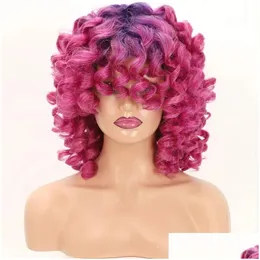 Cosplay peruker korta löst lockiga för kvinnor ingefära afro kinky bob med bang naturligt syntetiskt hår röd brun rosa rosa 240327 droppleverans otzds