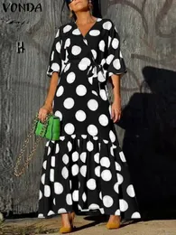 Vonda Summer Bohemian Printed Maxi Dress Women Vneck Lengeve Polka Dot Sundressセクシールーズカジュアルベスティドベルト240408