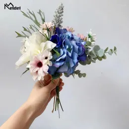 Bröllopsblommor Blue White Silk Roses Bouquet For Bridesmaids Fake Dahlia Bridal Holder Artificial Decor