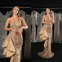 Vintage Crystal Evening Dresses paljetter sjöjungfru promklänningar med avtagbar tåg ärmlös skräddarsydd illusionsfestklänningar