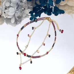 Lii ji siyah spinel garnet 2mm kristal çift katman halhal 243cm el yapımı bohe moda takı kadın için 240408