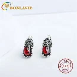 Rings BONLAVIE S925 Silver Earrings Inlaid with Red Garnet Antique Silver Earring Chinese Style Fabulous Wild Beast Jewelry