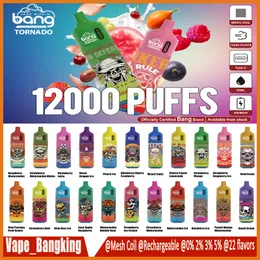 Оригинальный Bang Tornado 12000 Puffs Puffs 12k одноразовая вейп -ручка сетчатая катушка электронные сигареты Светодиодные светильники 0% 2% 3% 5% 22 Аромат 20 мл 650 мэх невы