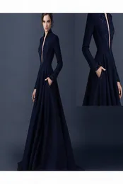 2016 New Navy Blue Satin 이브닝 드레스 Paolo Sebastian Dresses Custom Made Made Beaded Evening Dresses 급락 V 목 정식 드레스 4086551