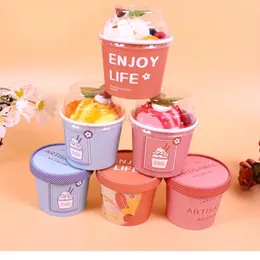 Einwegbecher Strohhalme 50pcs kreativer Eiscreme Verpackung Runde Papierschale Hochzeits Geburtstagsfeier Pudding Jelly Desserts mit Deckel