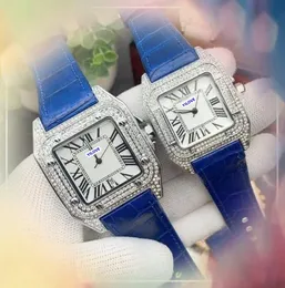 Couple Red Blue Black Cow Leather Belt Lovers watches men and women quartz movement clock diamonds ring rose gold silver square tank dial automatic date wristwatch