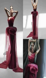 2020 Azzi Osta Burgundy Prom Dresses Tulle Strapless Sweep Train Embroidery Mermaid Evening Dress Custom Made Ruffles Robes De S5554561