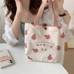 Liten Canva Tote Food Bag Japanese Peach Hand Lunch Korean Mini Student Handväskor Bomullsduk Picknick Travel Bento 240401