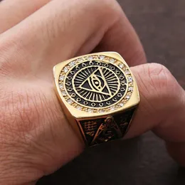 Vintage Mason Masonic Ring Crystal Mens Ring Punk Heavy Duty 14k Guld All Seeing Eye Ring Biker smyckespresent