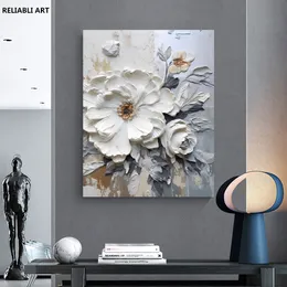 Poster in stile Impasto floreale, Fiori bianchi astratti dipinto di tela, immagine artistica da parete stampata, decorazione moderna del soggiorno senza cornice