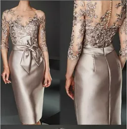 Illusion Drei Viertel Ärmeln knielange Frauen Hochzeitsfeier Kleid Spitze Satin Mutter der Braut