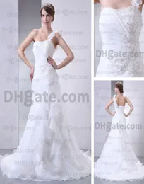 2015 Spring Fashion One Shoulder Wedding Dresses Pleated Corset Appliques Pärlade verkliga bilder9289580
