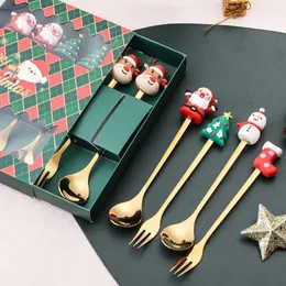 Geschirrsets 6 PCs/Set Christmas Fork Löffel Kit mit Geschenkbox -Grade Edelstahl Weihnachtsanhänger Langes Griff -Besteck Utensilien
