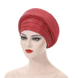 Berets Elegante afrikanische Auto -Gel -Headtie -Bilayer Glitzer weibliche Kopfschläge Turbante Falten -Frauen Turban Cap