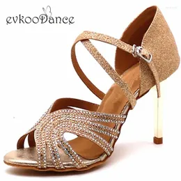 Scarpe da ballo evkoodance fai-da-te professionista zapatos de baile 8,5 cm tacco metallico dorato / blu glitter con rinostone per donne evkoo-535