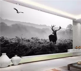 Wallpapers 3d Wallpaper Custom Po Silent Forest Morning Fog Elk Black And White Scenery Painting Wall Murals For Walls 3 D