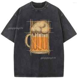 Men's T Shirts Beer Math Geometry Print Unisex Washed T-Shirt Novelty 230G Cotton Summer Bleached Tshirt Funny Casual Loose Bleach Tops Tee Gaoqiqiang456