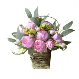 Dekorativa blommor Peony Flower Basket Mors dag kranslila lavendel kärlek för ytterdörrbelysning batteriet drivs