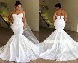 2019 New Sexy Spaghetti Straps Mermaid Long Plus Size Wedding Dress Backless Lace Appique Sweep Train Beach Breal Gowns BC19563960802