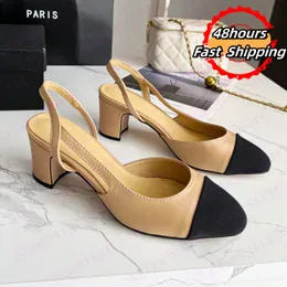 Luxury Slingbacks Sandálias de salto grossa sapatos de vestido de designer de gabinete de moda Balé de Balé Flato de Apricot Sole Low Flat Gleeine couro genuíno